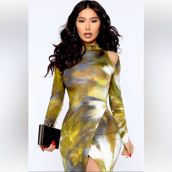 Fashion nova long sleeve tie die brown/green dress size large never worn. - Picture 2 of 7